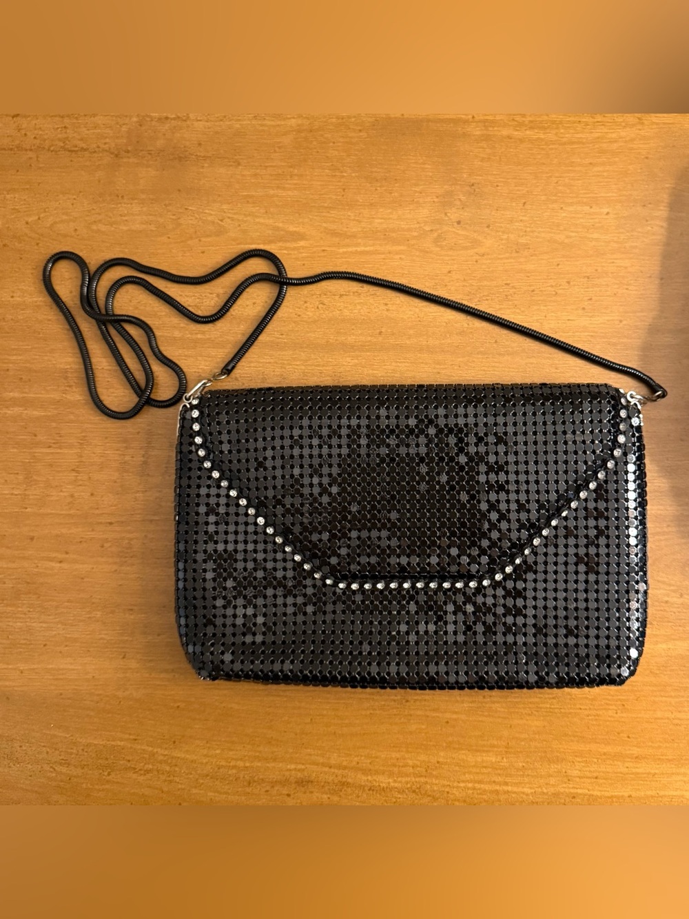Black Sequin mesh evening bag/clutch with rhinestone trim